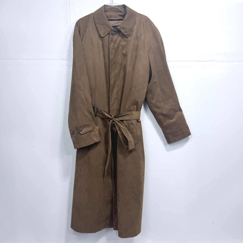 VTG Bill Blass 3000 Mens Brown Faux Suede Trench Coat Removable Liner 44 Long